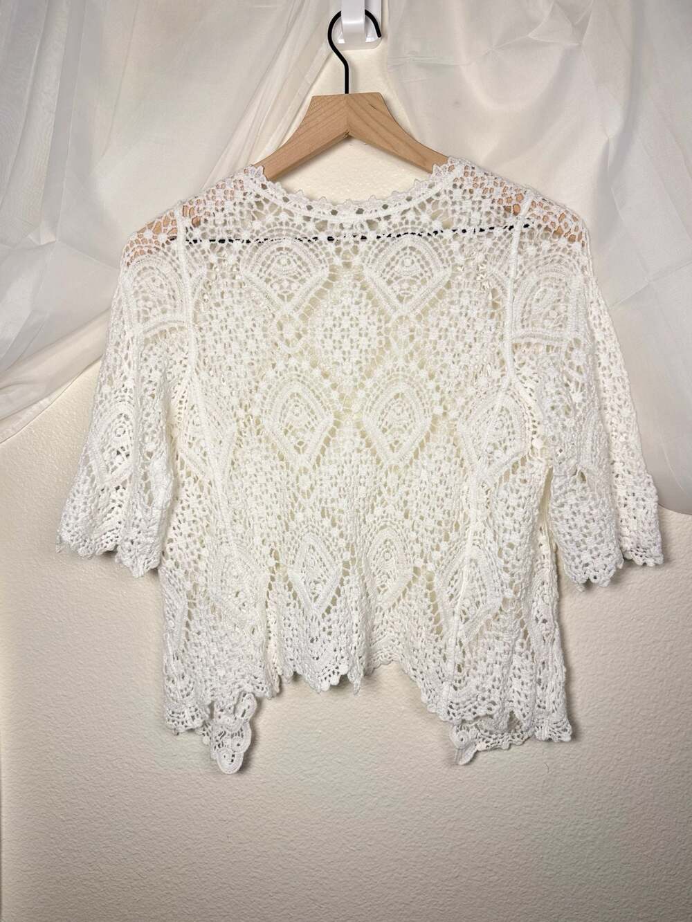 White Crochet Boho Cottage Open Front Bolero Shrug - Picture 3 of 4